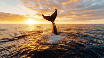 A whale tail is seen in the ocean at sunset photo
