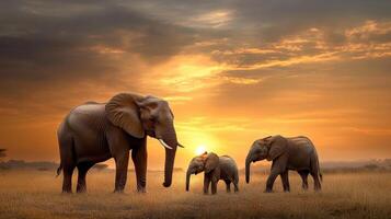 A group of elephants are walking in the grass photo