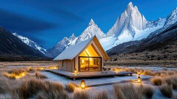 A cabin in the mountains with lights on photo