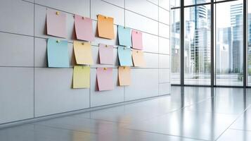 Post-it notes on the wall of an office building photo