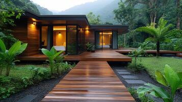 A wooden walkway leads to a house in the jungle photo