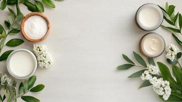 Various types of creams and lotions on a wooden table photo