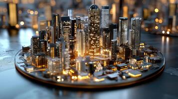 3d cityscape with skyscrapers and lights photo