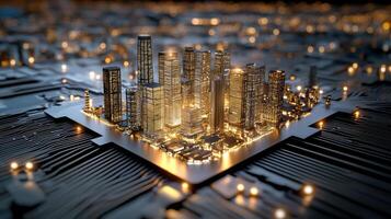 3d rendering of city on a circuit board photo