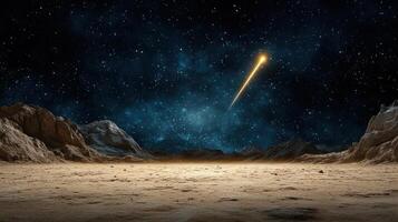A comet is flying over a desert with mountains in the background photo