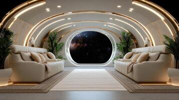 A large room with white couches and a window looking out to space photo