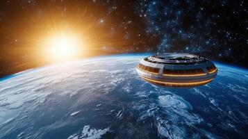 An alien spaceship flying over the earth photo