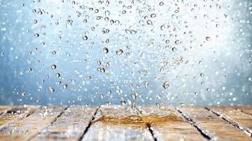 Water splashing on wooden floor with blue background photo