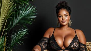 A woman in a black bra and panties sitting on a wicker chair photo