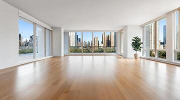 Empty apartment with large windows and hardwood floors photo