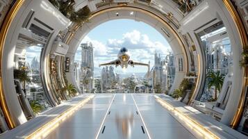 A futuristic city with a futuristic looking jet photo