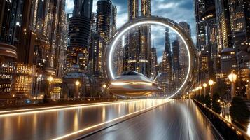 A futuristic city with a futuristic car driving on the road photo