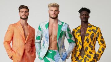 Three men in colorful suits standing next to each other photo