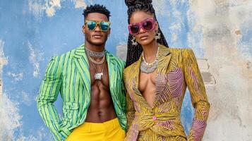 Two people in colorful outfits standing next to each other photo