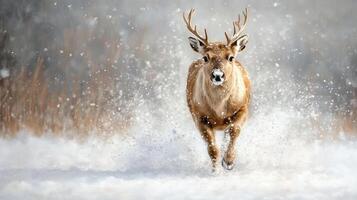 A deer running through the snow in the winter photo