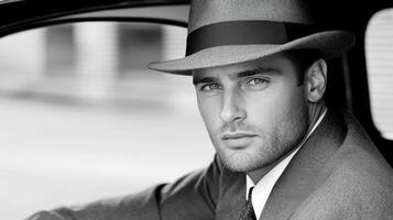 A man in a suit and hat sitting in a car photo