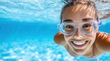 A woman wearing goggles and swimming in the pool photo