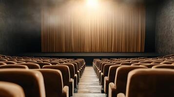 Empty theater with a curtain and rows of chairs photo