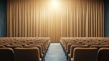 Empty theater with rows of chairs and curtains photo