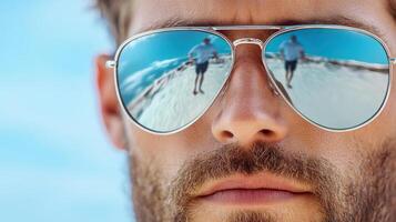 A man wearing sunglasses with a reflection of the beach photo