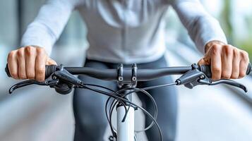 A person riding a bicycle with their hands on the handlebars photo