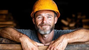 A man with a beard and a hard hat is leaning on a wooden plank photo