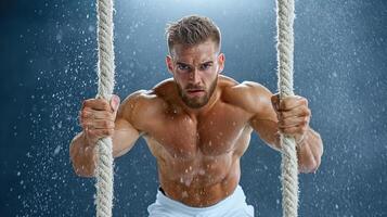 A man is holding on to a rope photo