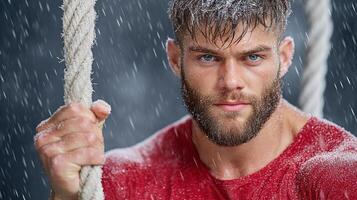 A man with a beard and a red shirt is hanging on a rope photo