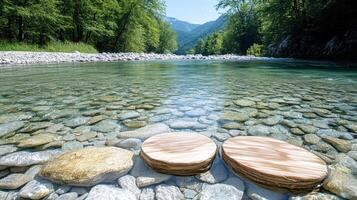 Two wooden planks sitting on the edge of a river photo