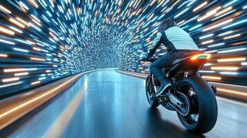 A person riding a motorcycle through a tunnel photo