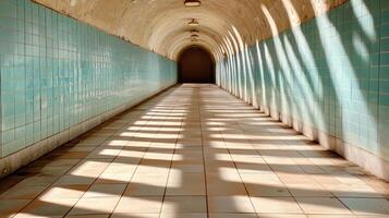 A long tunnel with blue tiles and light shining through photo