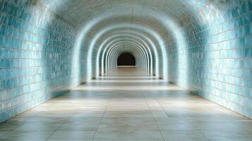 A long tunnel with blue tiles on the walls photo