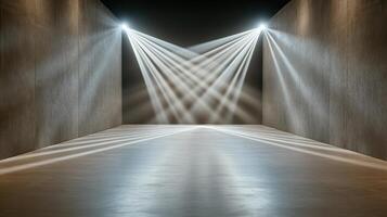 A long hallway with light beams coming from the ceiling photo