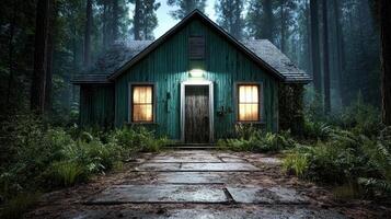 A small house in the woods at night photo
