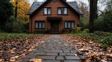 A brick house with a path leading to it photo