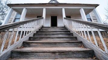An old house with stairs leading to the front door photo