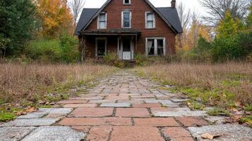 An abandoned house in the middle of a field photo