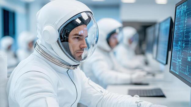 Astronaut in white spacesuit working on computer photo