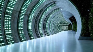 A tunnel with green lights and a wall photo