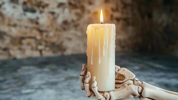 A skeleton holding a lit candle in front of a wall photo