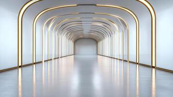 A long white corridor with a light at the end photo
