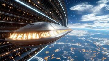 A futuristic spaceship flying over the earth photo