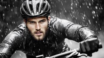 A man riding a bike in the rain photo