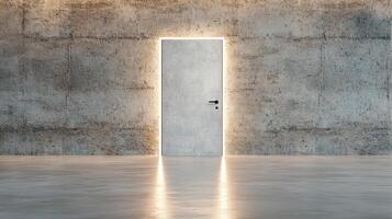 An open door in a concrete room with light shining through it photo