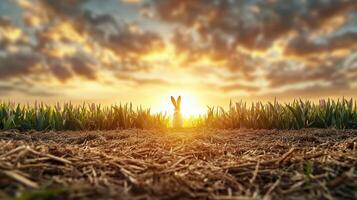 The sun is rising over a field with grass and a tree photo
