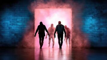 Three people walking through a door with smoke coming out photo