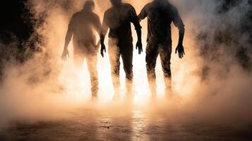 Three people standing in a foggy room photo