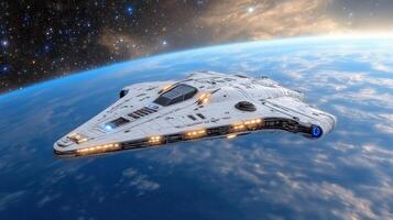 A star wars spaceship flying over the earth photo