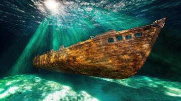 An old wooden ship is underwater in the ocean photo