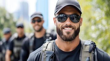 A man with a beard and sunglasses is smiling photo